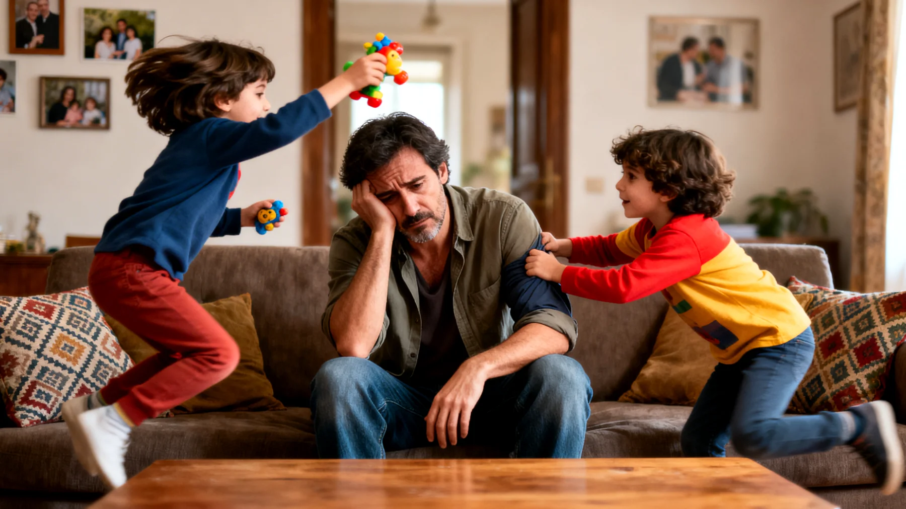 Papà che fatica a stabilire regole e limiti con i bambini per paura di essere visto come cattivo o di perdere il loro affetto, cedendo spesso alle loro richieste e creando inconsistenza educativa"
